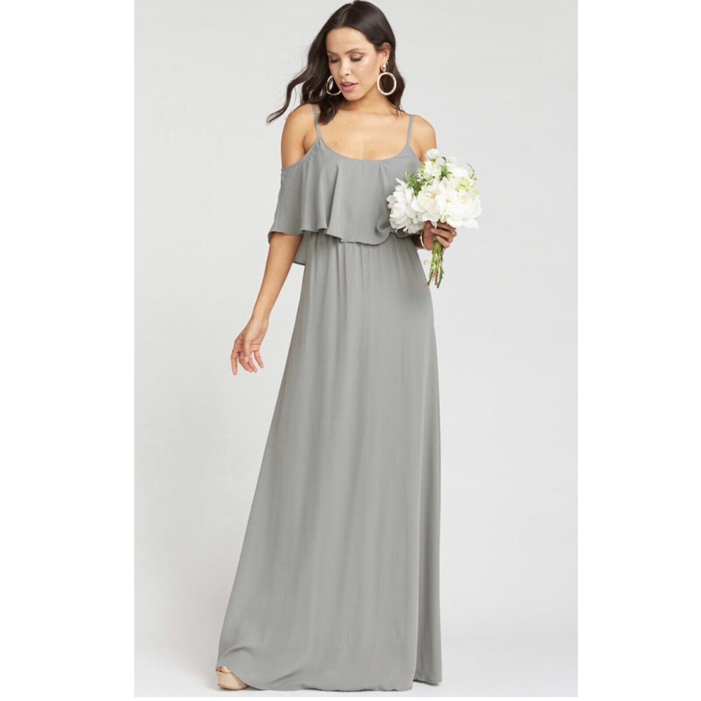 NWT Show Me Your MuMu Caitlin Ruffle Maxi Dress in Soft Charcoal Crisp Sz. Small